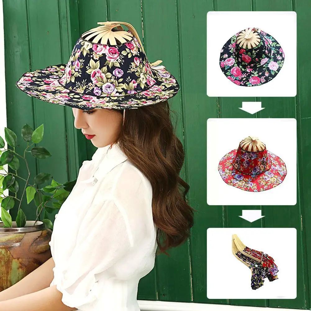 

Folding Fan Hat Bamboo Fan Wide Brim Sun Protection Portable Sunscreen Cloth Multifunctional Travel Cap Beach Floral Hat Wo X0O2