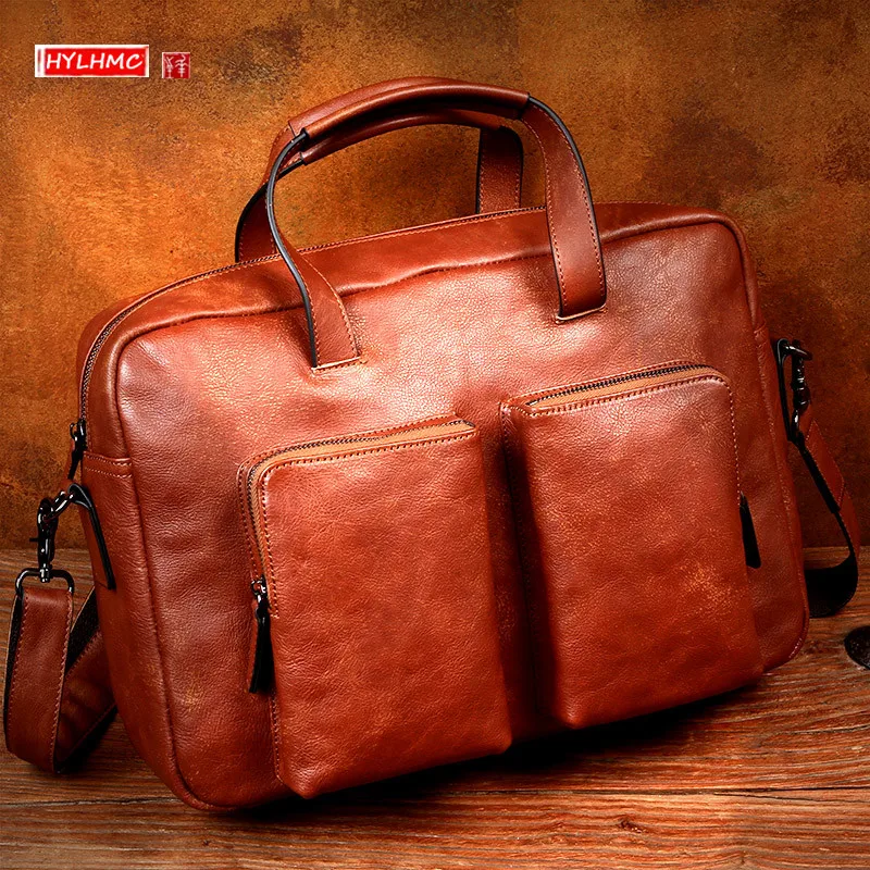 

Деловая Повседневная кожаная сумка, портфель, Мужская Портативная сумка для ноутбука из воловьей кожи первого слоя, сумка через плечо в сти...