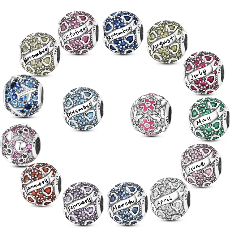 

925 Sterling Silver Charms for Original Pandora Bracelets Twelve Month Birthstone Dangle Pendants Boutique Month Zircon Beads