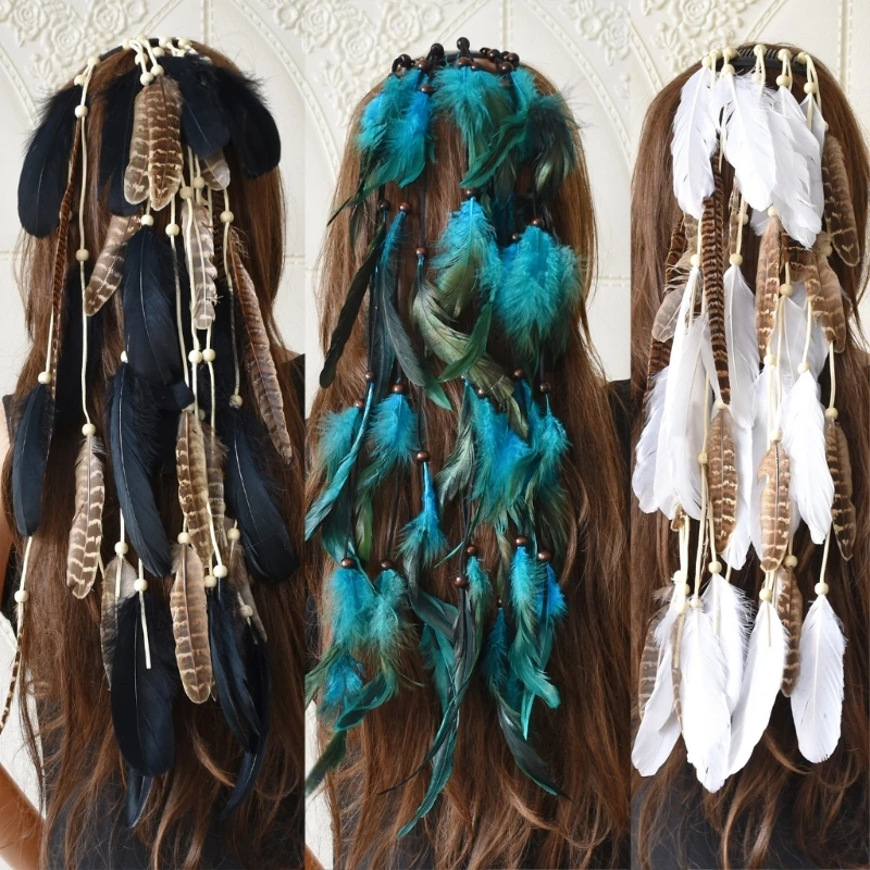 

Festival Women Hippie Adjustable Headdress Boho Feather Tassel Hair Band M6CD
