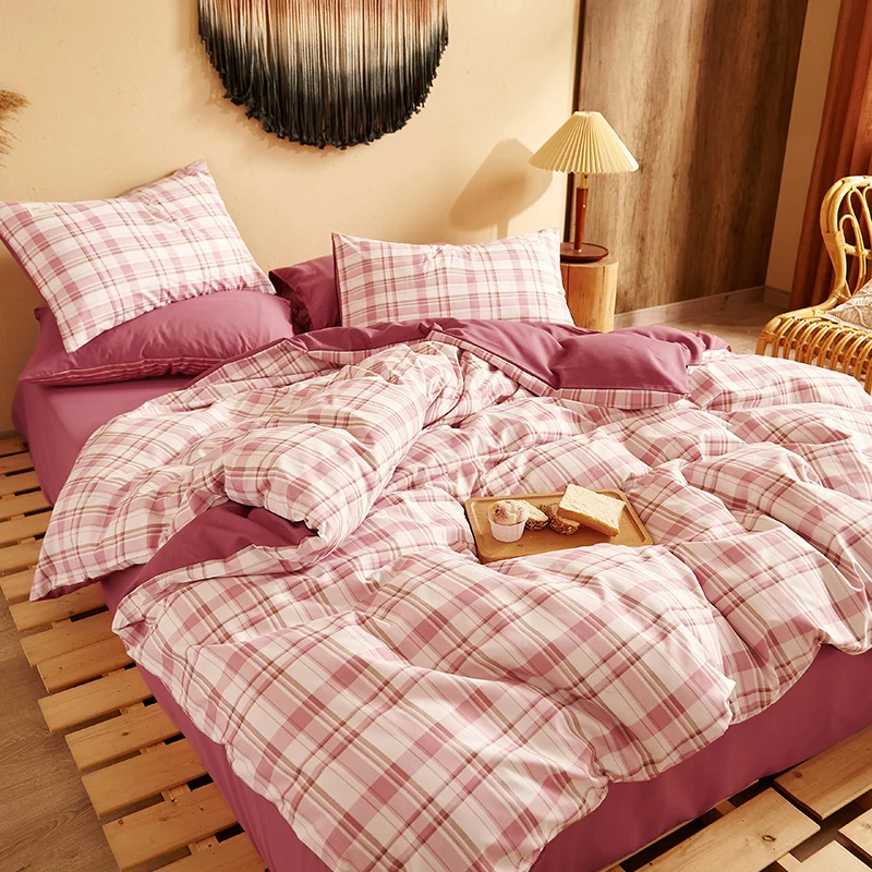 

Комплект постельного белья в клетку, хлопковый комплект постельного белья розового цвета, с пододеяльником в скандинавском стиле, простыня односпальная/двуспальная, домашний текстиль