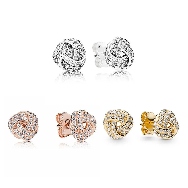 

Original Sparkling Rose Love Knot With Crystal Stud Earrings For Women 925 Sterling Silver Wedding Gift Fashion Jewelry