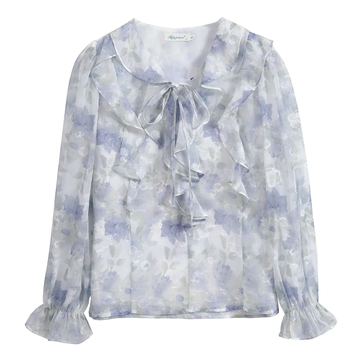 Женская шифоновая блузка с длинным рукавом оборками и V-образным вырезом