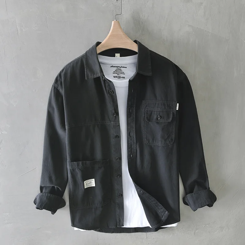 

Женские рубашки-карго, весна-осень, японский дизайн, дышащая хлопковая Рабочая Рубашка, мужские повседневные рабочие топы с двумя карманами