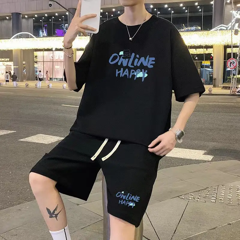 2023 Men's Summer New Print Set Short Sleeve Shorts Two Piece Set Loose Size Waffle Casual Breathable Men's Sports Youth Clothin