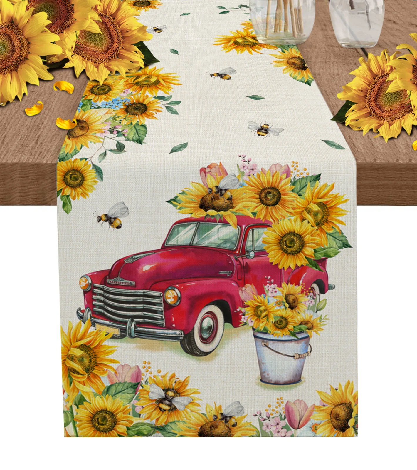 Весенний принт грузовика с тюльпанами на бегунах для стола из современного льна, домашнего текстиля для свадебного украшения, пасхальных украшений.