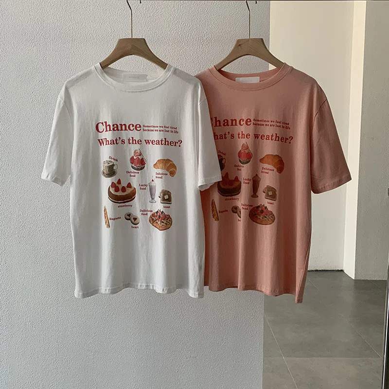 

Лето 2023, Женский пуловер с коротким рукавом и круглым вырезом и принтом торта, топы, универсальные повседневные женские топы