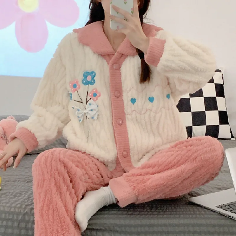 2023 Women's Pajamas Set Winter Leisure Elastic Thicken Warm Flannel Sleepwear Set Embroider Women Long Sleeve Girl Homewear