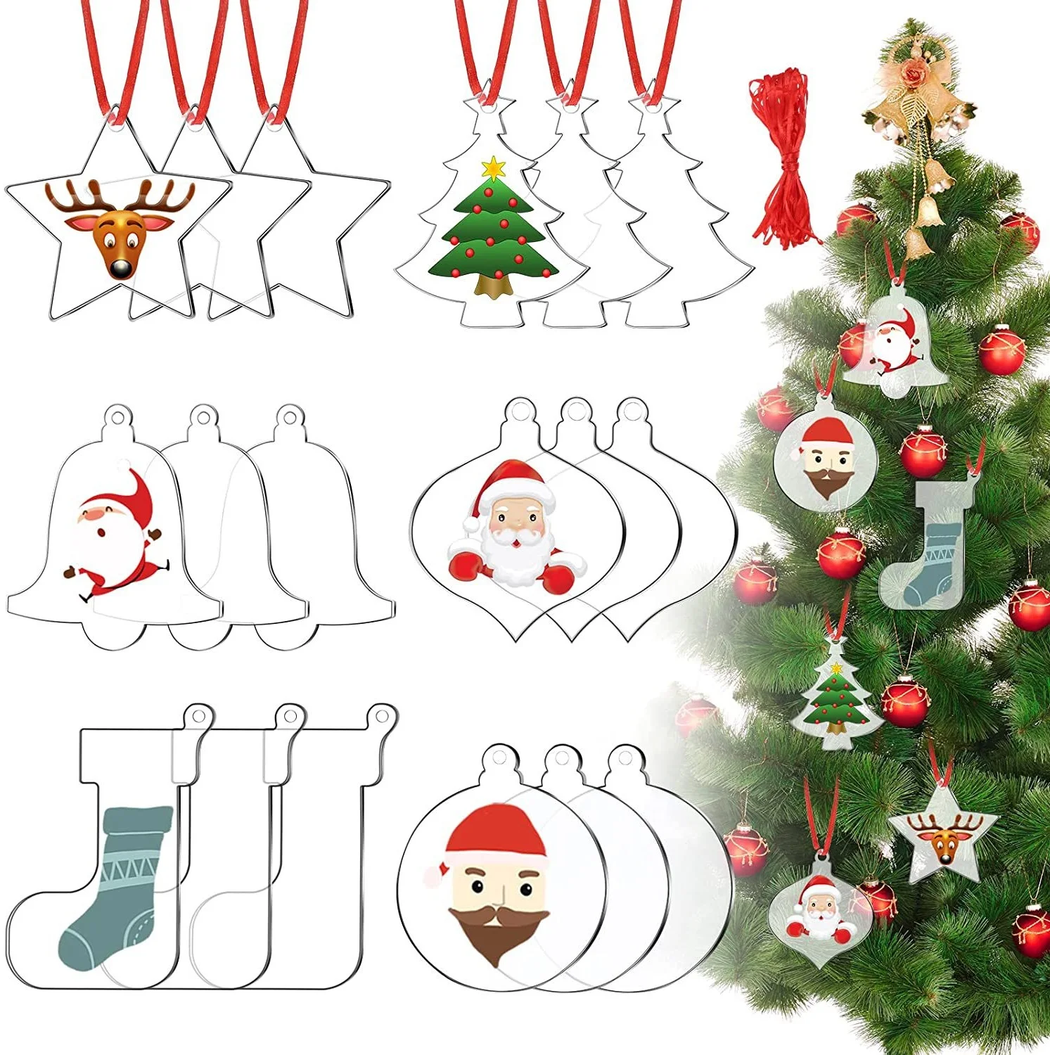 

20/30/40PCS hristmas Clear Acrylic Blank Decorations DIY with Red Ribbon Christmas Tree Party Hanging Crafts Holiday Decorations