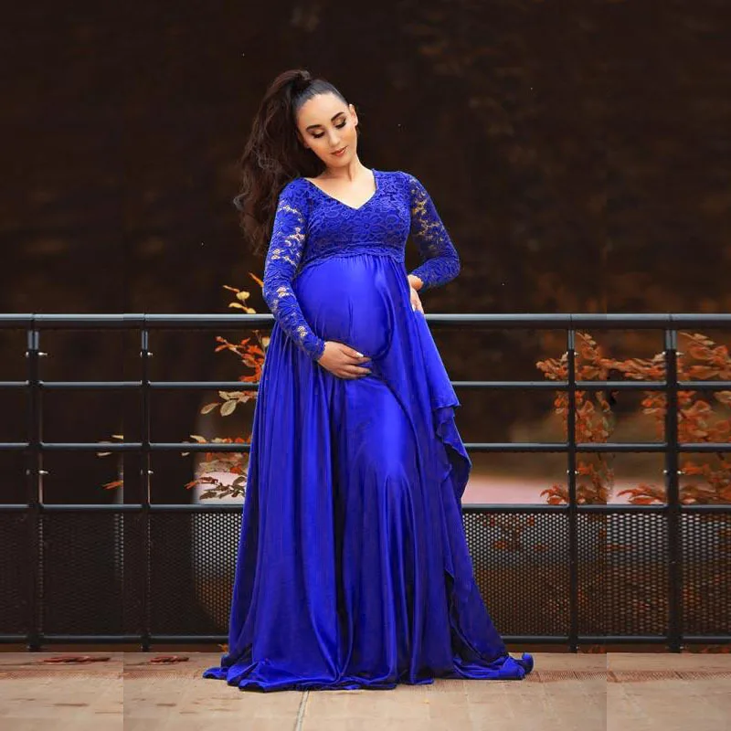 Maternity Baby Shower Dress V-Neck Long Sleeves Lace Chiffon Maxi Gown Pregnant Women Fancy Photo Shoot Photography Prop Clothes enlarge