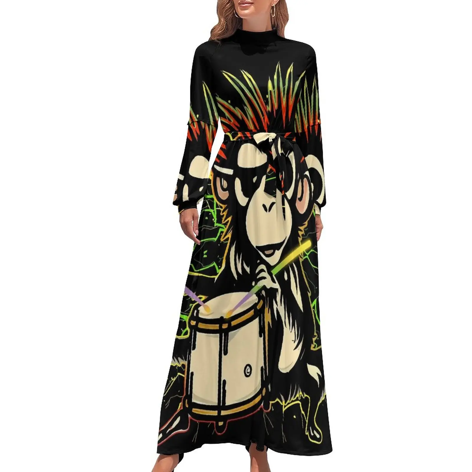 

Drummer Monkey Dress Fun Animal Print Trendy Maxi Dress Street Fashion Boho Beach Long Dresses High Waist Design Vestidos