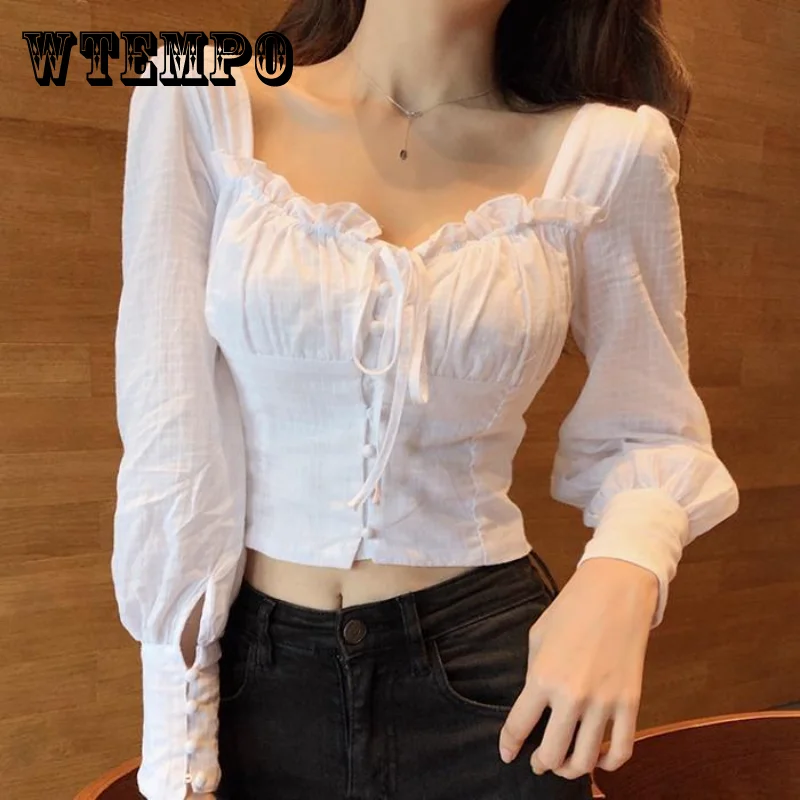 

Пикантная рубашка WTEMPO с открытой шеей и пузырьковыми рукавами, Женский однотонный укороченный топ, модная белая блузка 2023, Прямая поставка