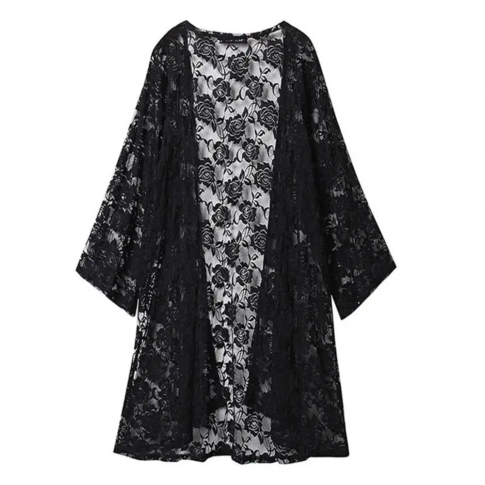 

Lady Three Quarter Sleeve Coat Stylish Women's Lace Flower Embroidered Cardigan Sheer Elastic Anti-uv Beach Cover Up for Summer
