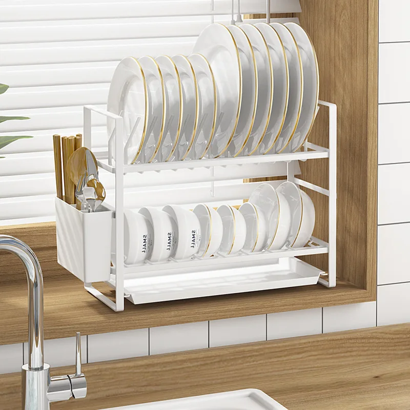 

iLiving Multifunctional Metal Dinner Plate Storage Rack Home Desktop Dish Organizers Rack Double Layer Shelf Kitchen Accessories