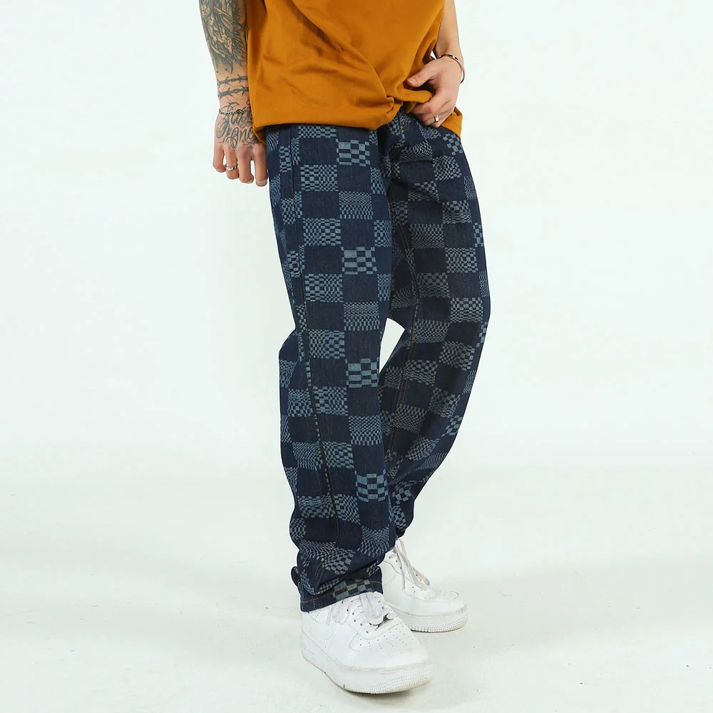 

New Spring Autumn 2023 Men's Blue Check Print Baggy Jeans Korean Style Streetwear Denim Straight Pants Male Boyfriend Trousers
