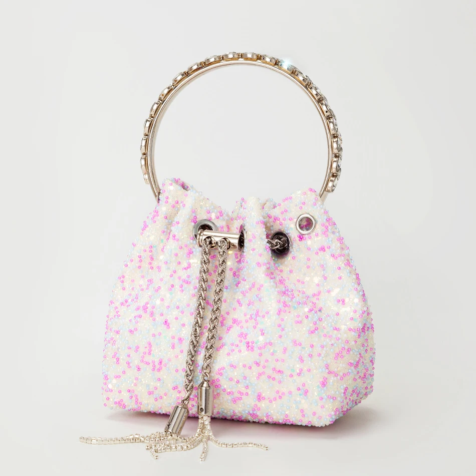 Женская атласная сумка-ведро с металлическим кольцом и кисточкой