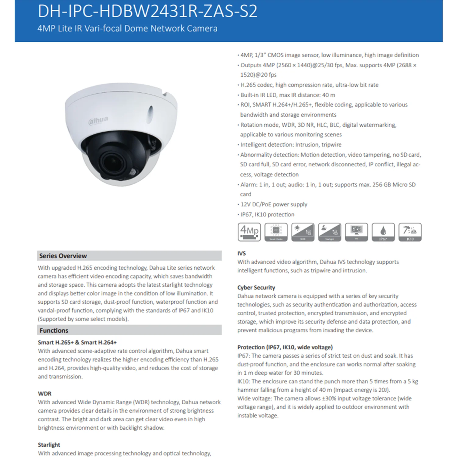 Dahua IPC-HDBW2431R-ZAS-S2 4-мегапиксельная купольная камера с фиксированным фокусным