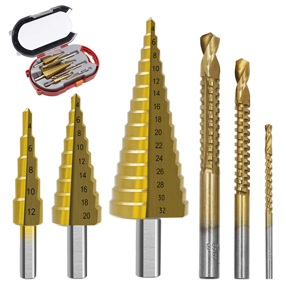 

6Pcs HSS Titanium Step Drill Bit Set 4-12/20/32mm Metal Hole Cutter Wood Cone Core Drilling Hole Saw Tool+3/6/8 Saw Drill