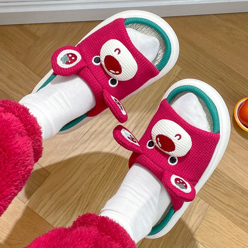 Home Slipper for Womens Four Season Cute Bear Slipper Family Flip Flops Female Cotton Linen Shoes Lightweight Platform Slippers