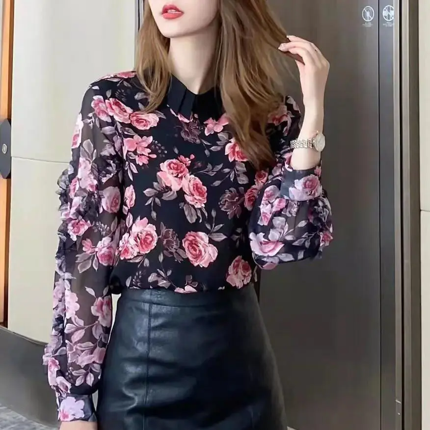 

Female blouse autumnal gravel flower women's shirt 2022 new design sweet vast wife loose slim chiffon lie o neck blouse tide