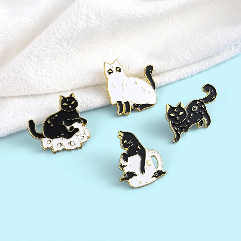 

Black And White Cat Pins Cat And Cup Pins Accessories Clothing Backpack Alloy Brooch Enamel Lapel Pins Badge Wholesale