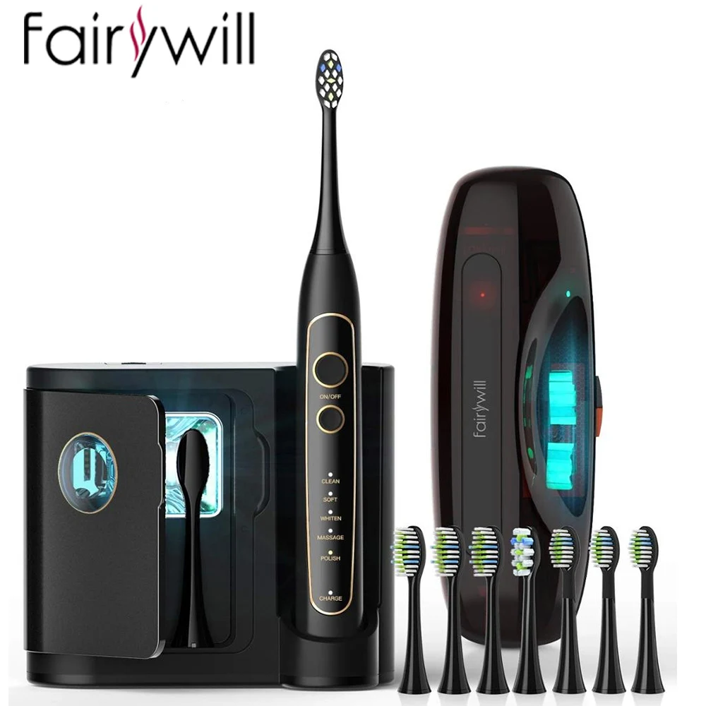 Fairywill Electric Sonic Toothbrush FW-2056 High-Technology Ultrasonic Professional Replacement 8Brush Heads Travel Case US PLUG