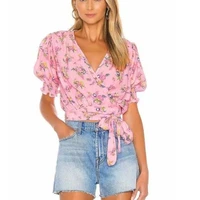 women summer wrap crop tops sexy v neck cottagecore floral t shirt short sleeve chiffon sweet pink bohemian streetwear feminina