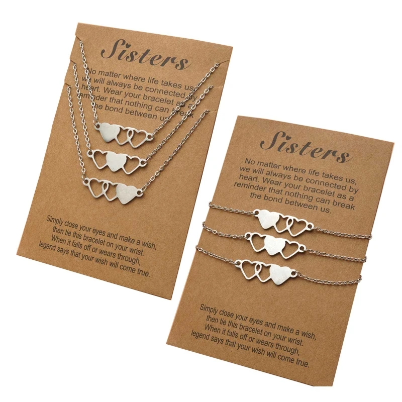 

3-pcs/set Best Friend Bracelets 3-pcs Long Distance Friendship Card Necklaces Heart-shaped Clavicle Chain for Sisters