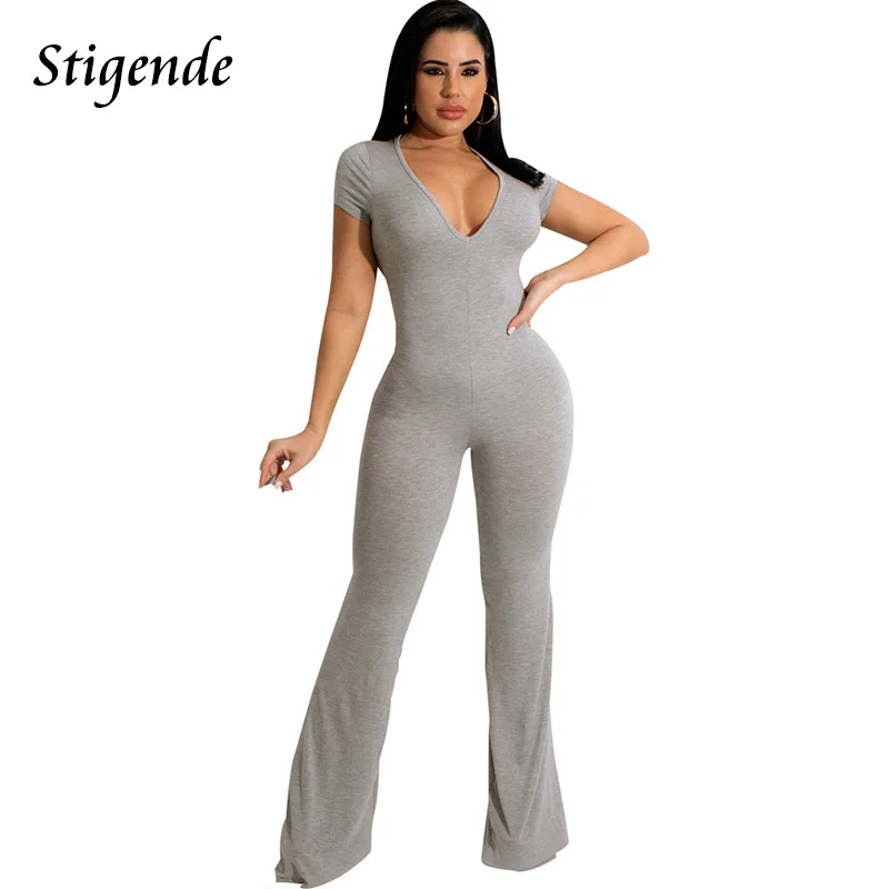 

Stigende Women Solid Color V Neck Short Sleeve Jumpsuits Casual Bodycon Long Rompers Sexy Skinny One Piece Jumpsuit Pants