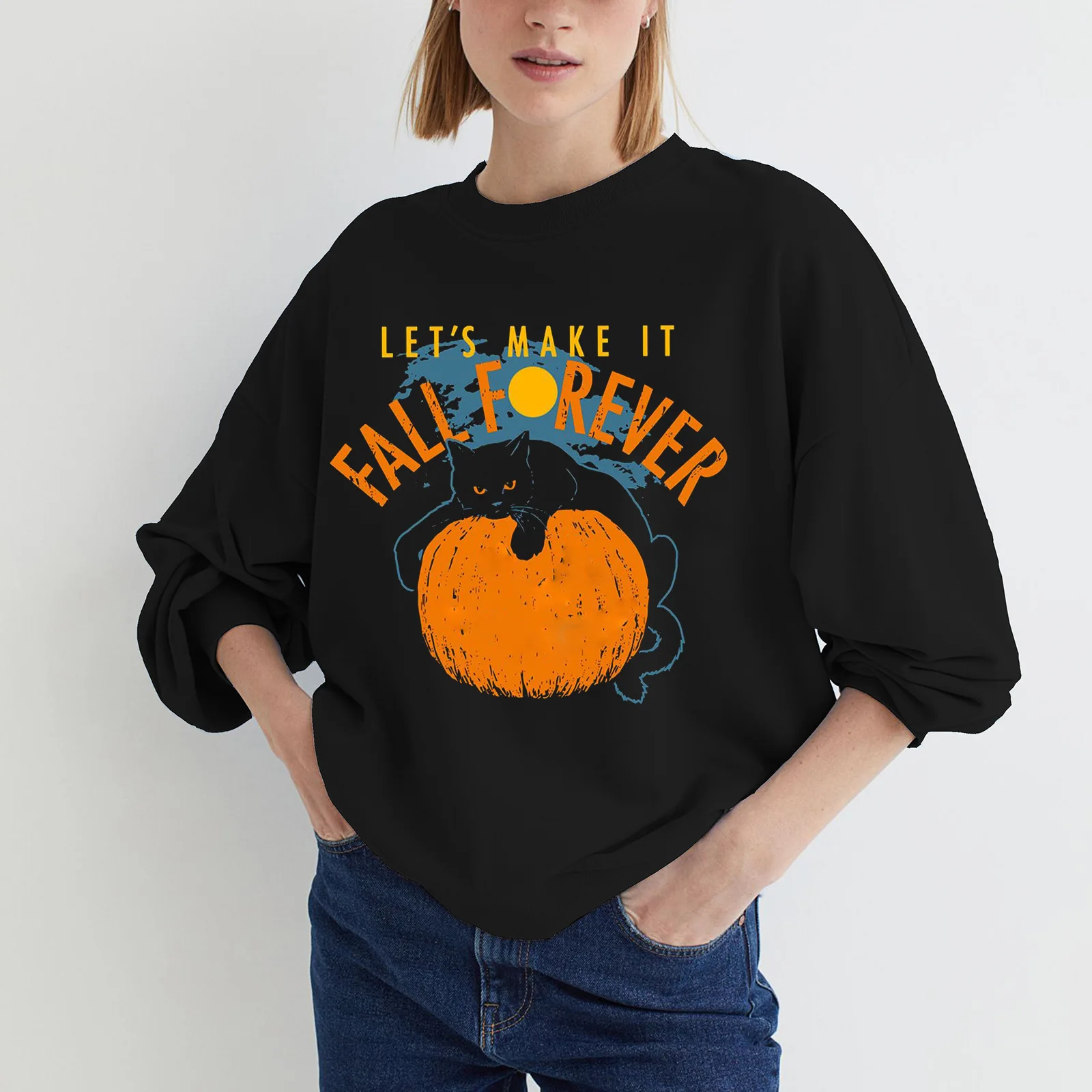 

2023 Halloween New Women's Sweatshirt Pumpkin Meow Off Shoulder Round Neck Essentials Hoodie Long Sleeve T-shirt Pullover