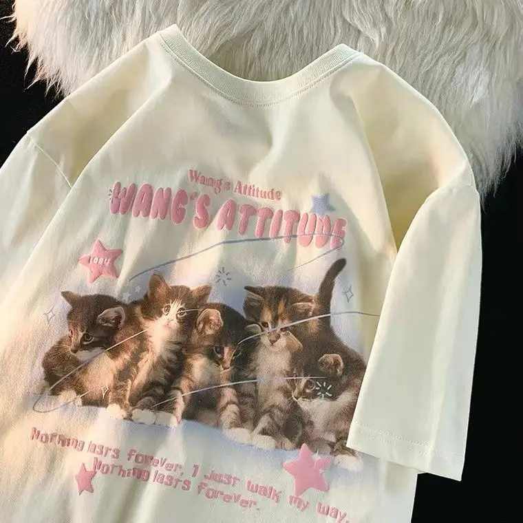 

2023 Cute Cat Short Sleeved T-Shirt Pure Cotton Japanese Retro Sweet Style Half Sleeved Ideal for Students INS Y2K Top harajuku