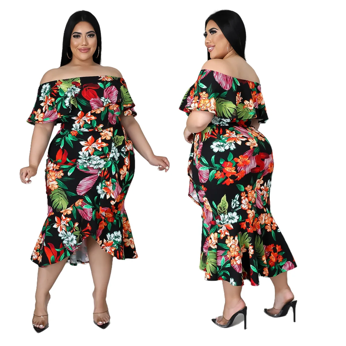 2023 Spring Women Floral Dress Off Shoulder Ruffle Design Fashion Elegant Outfit Summer Luxury Gown Plus Size Party New In Dress