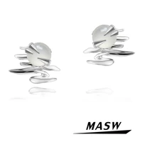 masw luxury design geometric earrings hot sale original jewelry high quality brass thick silver plated stud earrings for women