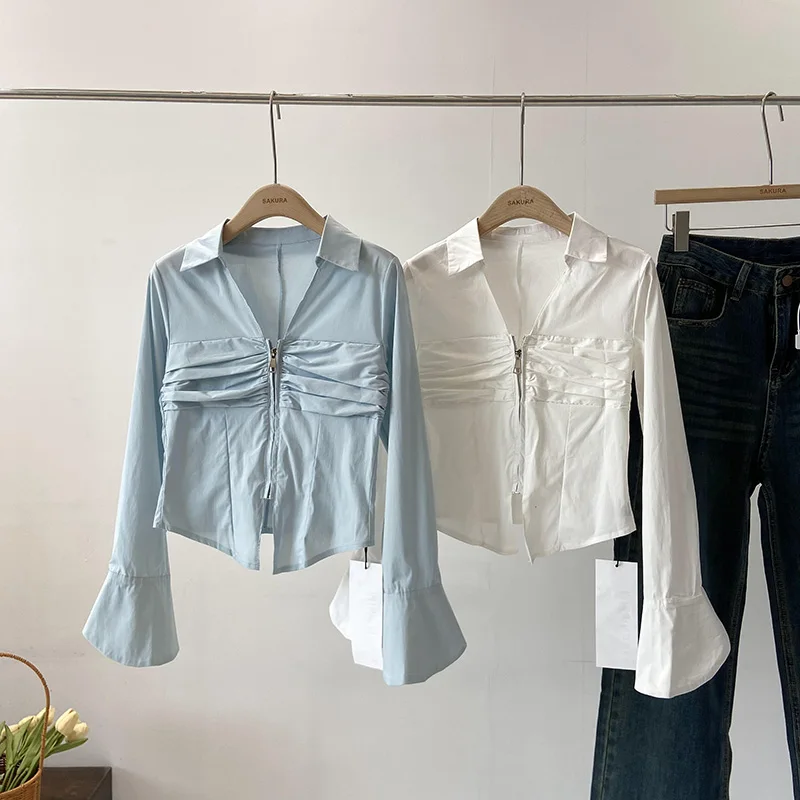 Женская рубашка с длинным рукавом Голубая универсальная короткая блузка в