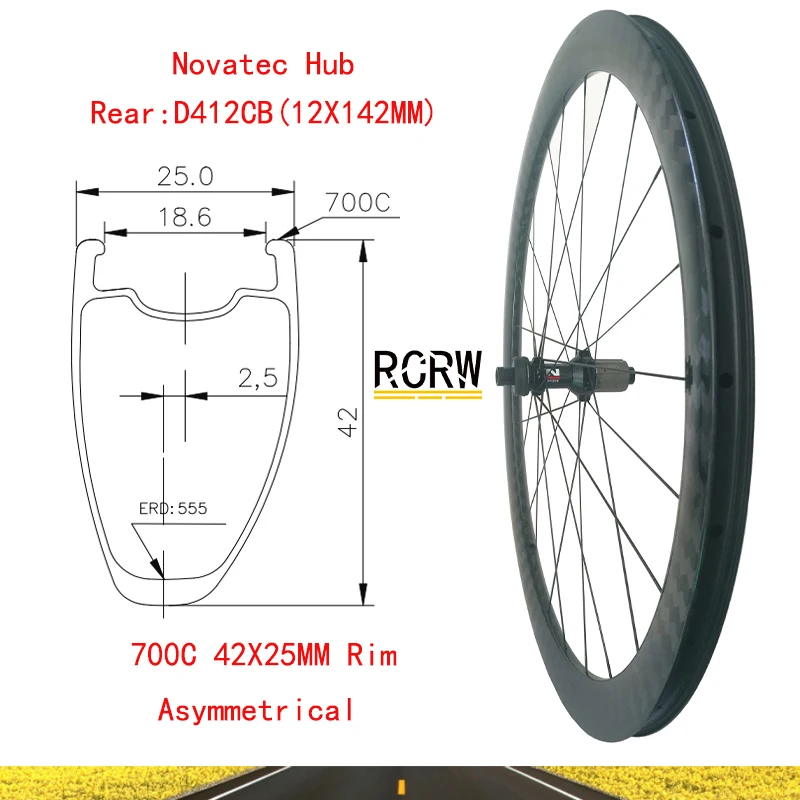 700C Road 42*25 заднее колесо Асимметричный карбоновый обод глубокий 42 широкий 25 Novatec Hub 24 Отверстия D412CB Shi 10 11S XD 11 12S XDR 12S Wing20