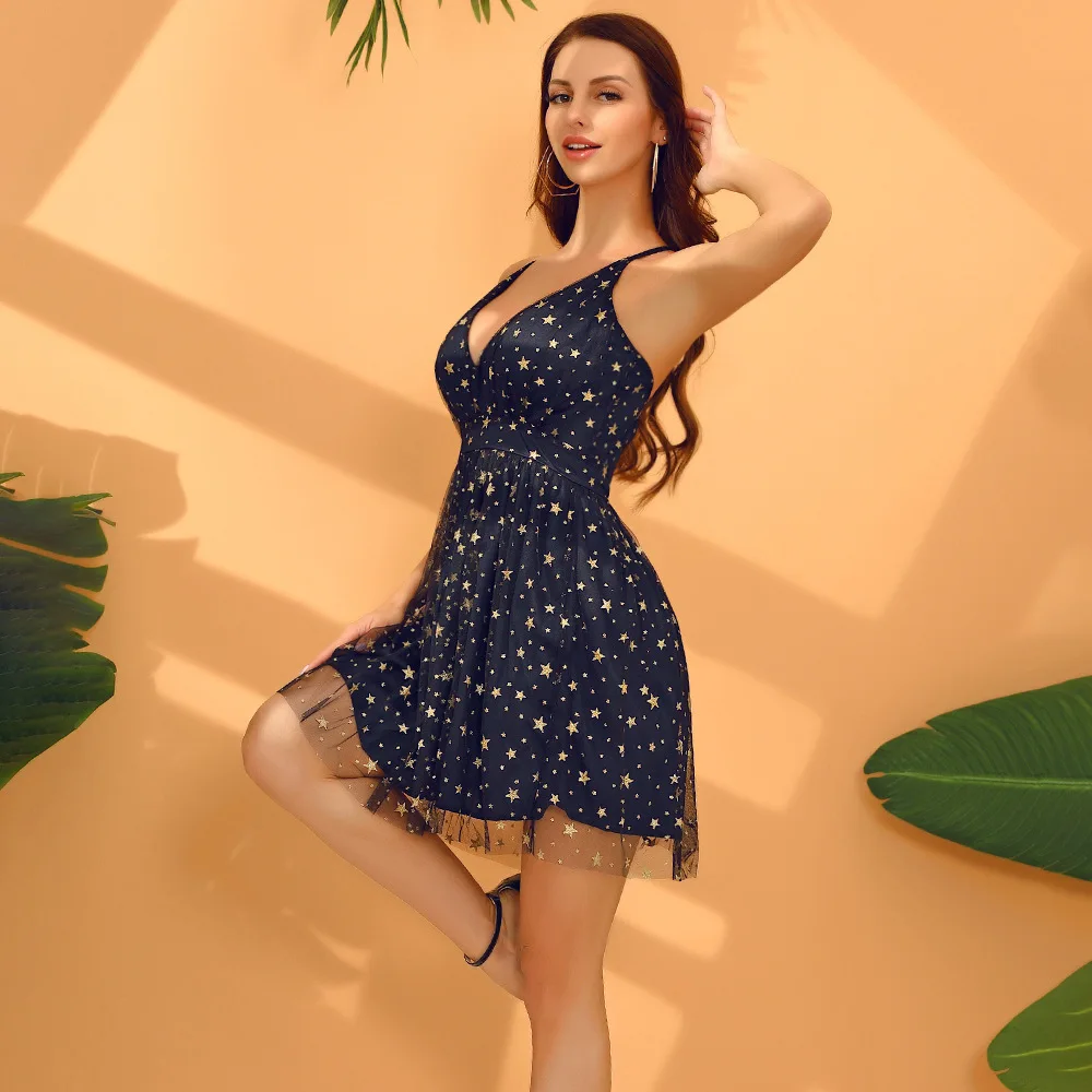 

Summer New Love V-neck Suspenders Sexy Glitter Star Sequins Backless Dress