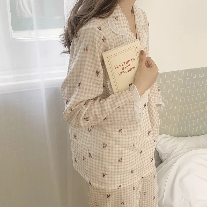 Pajamas Set for Women Plaid Cherry Print Sleepwear Lapel Lace Pijama Female Loungewear Long Sleeve Autumn Pyjamas Suit
