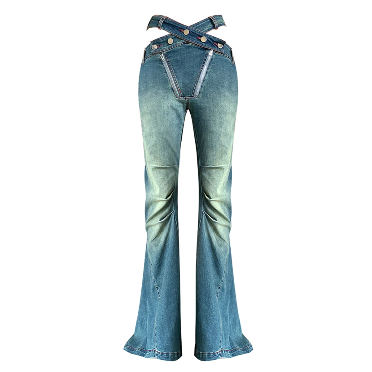 Women's 2023 Summer New Y2K Street Fashion Spicy Girl Personalized Cross Button Hollow Out High Waist Denim Flare Pants