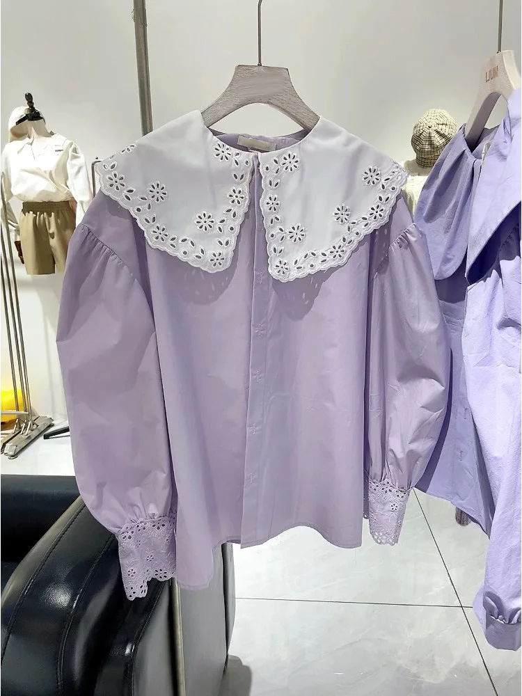 

Early Spring Korean Top Light Mature High Grade Feeling Beautiful Unique Purple Small Shirt Doll Neck Shirt Female Design Sense