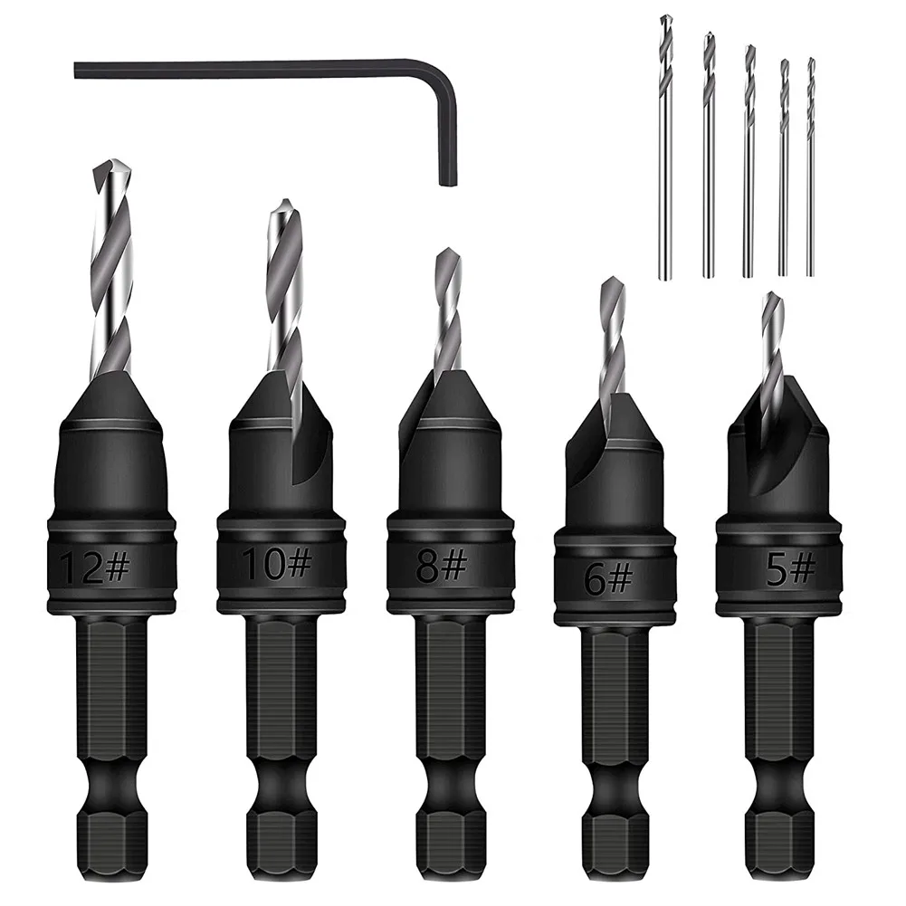 

11pcs Countersink Drills Woodworking Drill Bit Set Drilling Pilot Holes For Screw Size #5 #6 #8 #10 #12 With A Wrench Tools