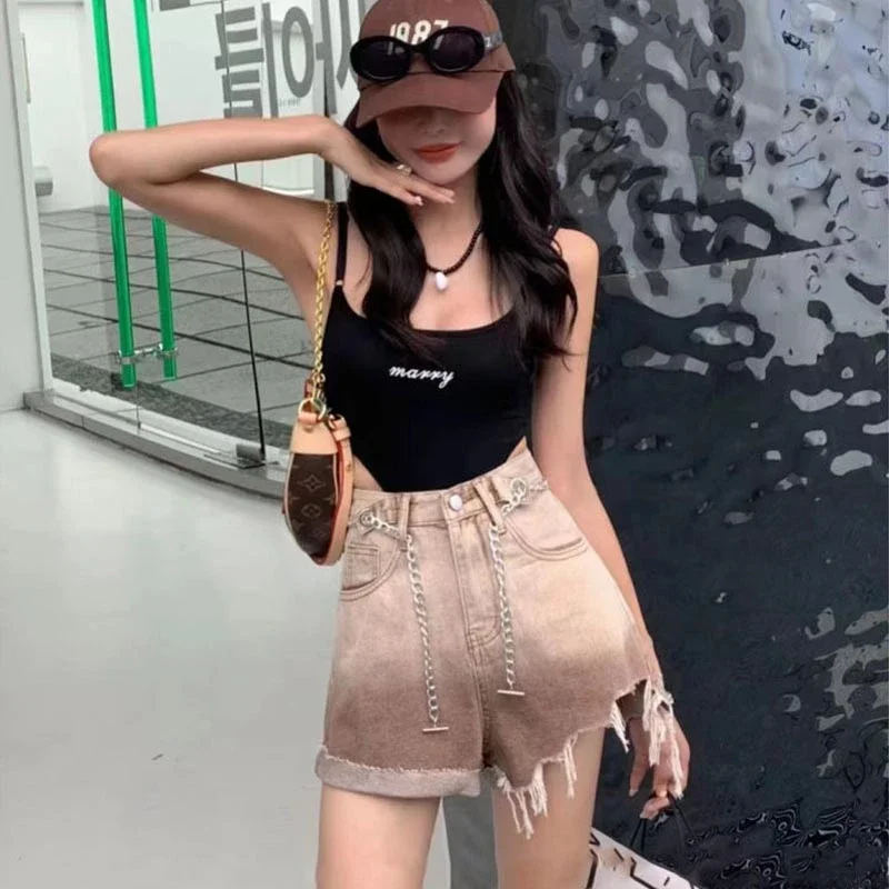 Шорты градиентного цвета женские джинсовые манжеты элегантные с высокой талией