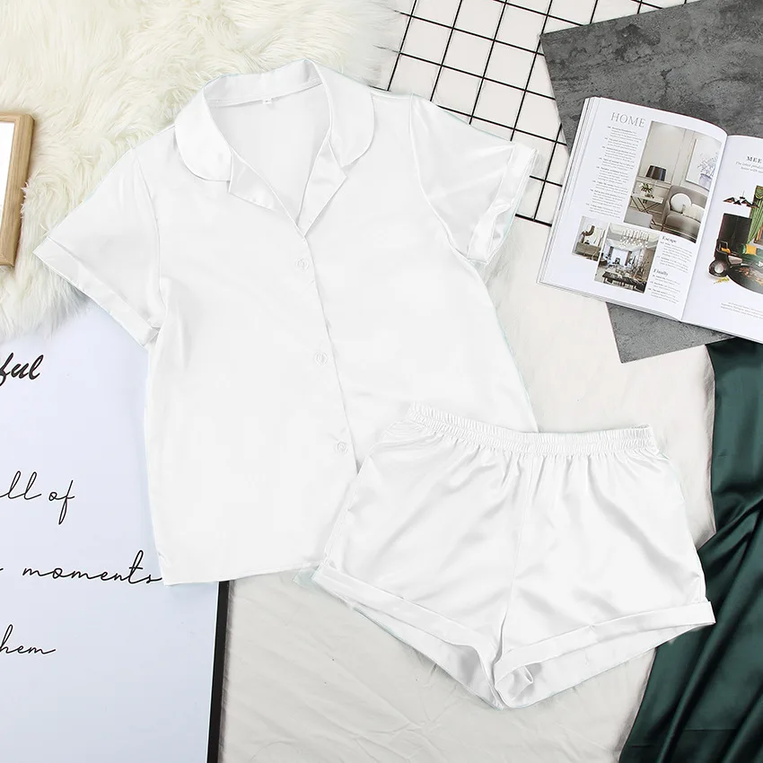 Stain Silk Pijamas Women 2 Piece Set Summer Short-sleeved Single-breasted Lapels Shirts Casual Loose Shorts Loungewear Woman Pjs