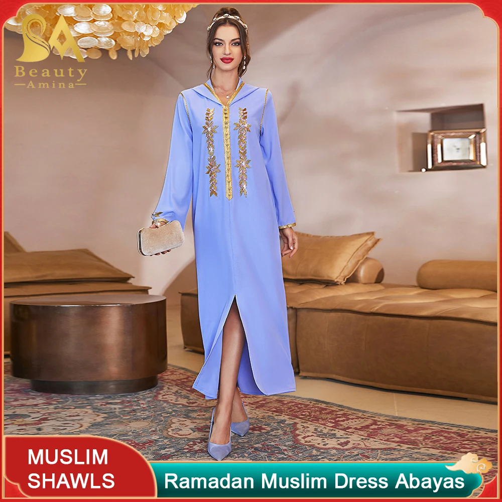 Muslim Robes New Fashion Hooded Dress Hand Sewing Drill Ramadan Traditional Dress Robes Plus Size Women's Dresses For Women 2022