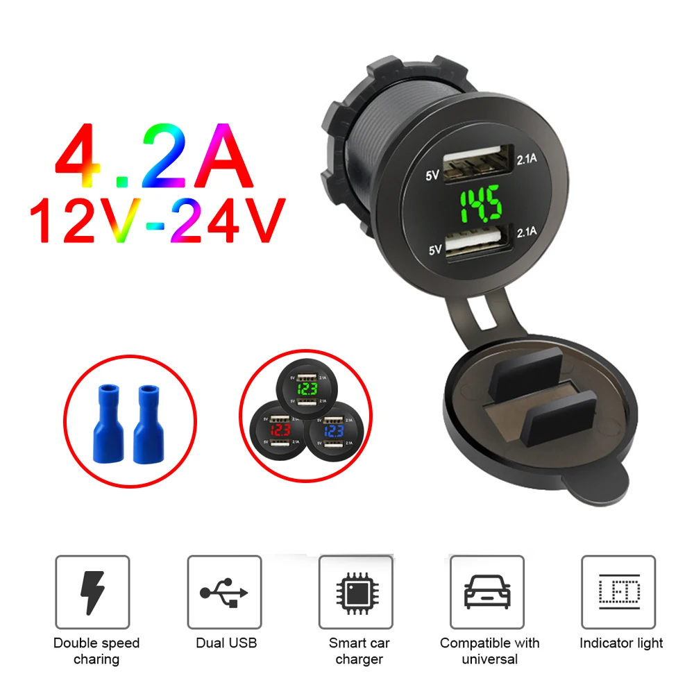 

12V 24V Car Cigarette Lighter 4.2A Charger Dual USB Socket Power Plug LED Voltmeter Waterproof Moto Auto Splitter Adapter