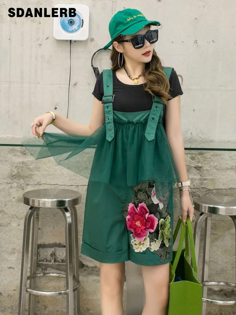 

Suspender Pants for Women Summer European Goods 3D Flower Stitching Mesh Casual Jumpsuit Loose Green Cargo Shorts Overalls