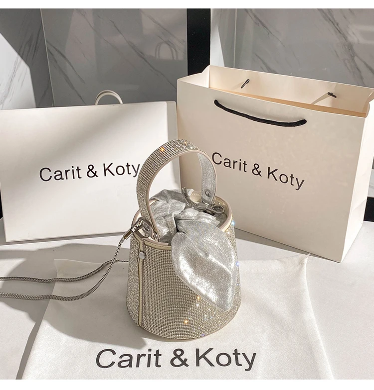 Crystal Shiny Full Rhinestones Diamond Bucket Bag Women's Fashion Handbag Evening Clutch Purse Bling Bag Shoulder Messenger Bag