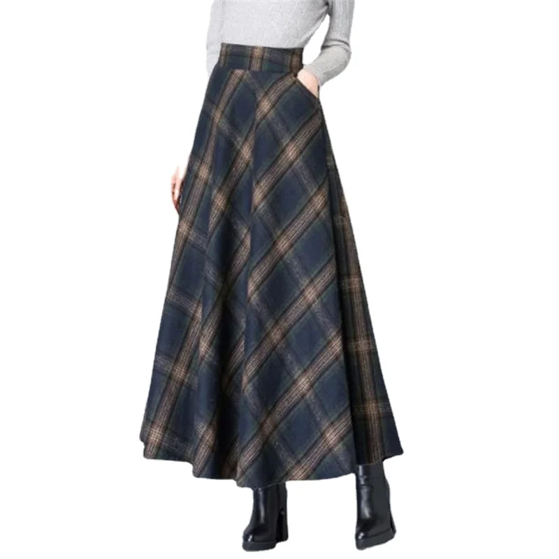 

2022 Autumn Winter Women's Plus Size Wool Maxi Skirts Female Fashion Casual Long Mom High Waist Woolen plaid Skirts