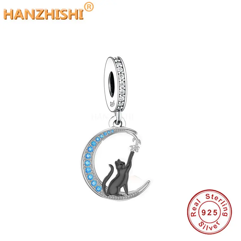 

Authentic New Design 925 Sterling Silver Black Cat Moon Dangle Charm Beads Fit Original Charm Bracelet Necklace Jewelry Making