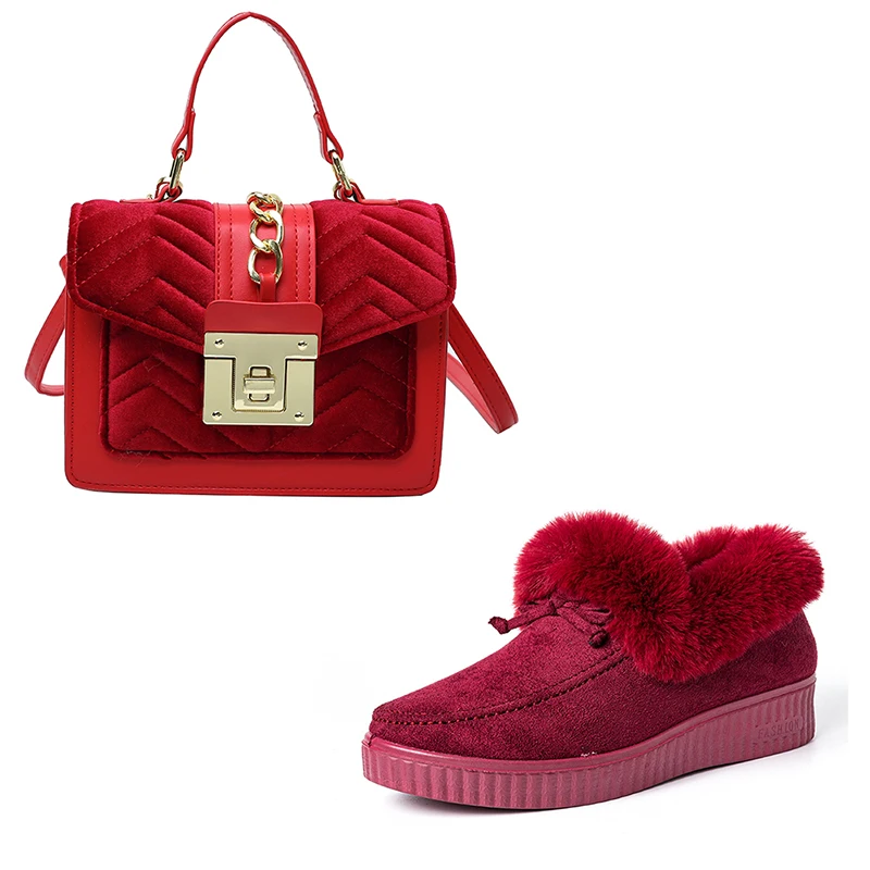 

Набор бархатных кошельков и обуви, осенне-зимний теплый меховой кошелек через плечо и сумочки, женские плюшевые зимние сапоги и сумка через плечо