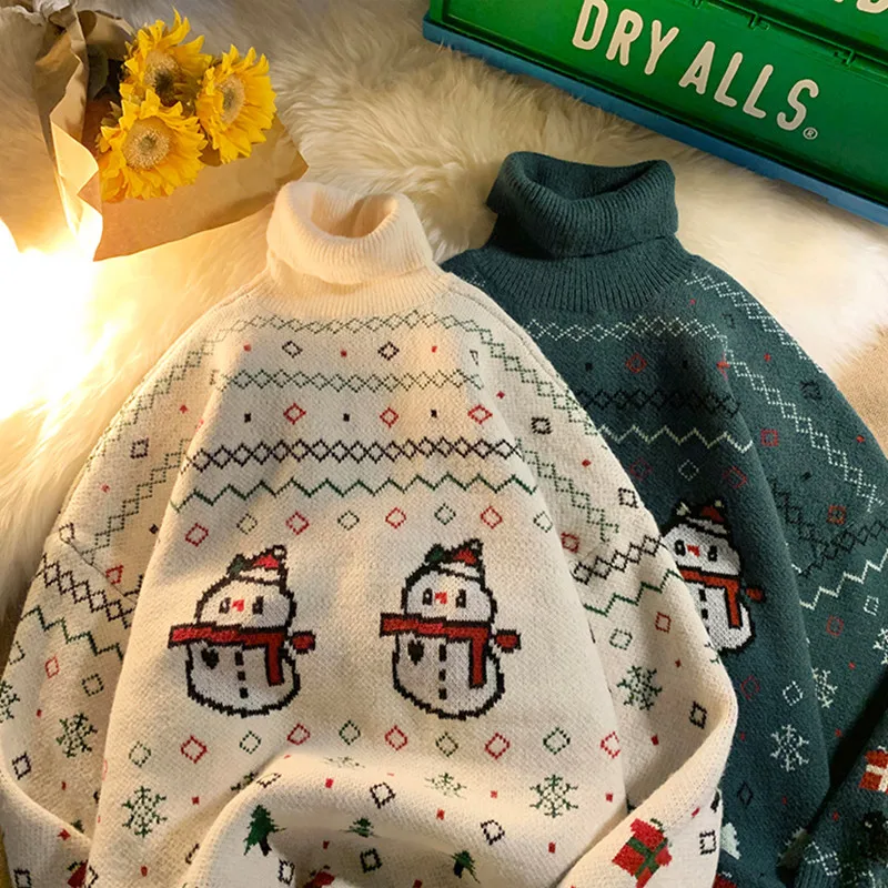 

Свитер мужской с высоким воротником, плотный свободный Рождественский свитер с принтом ленивого снеговика, модная брендовая Базовая хлопк...